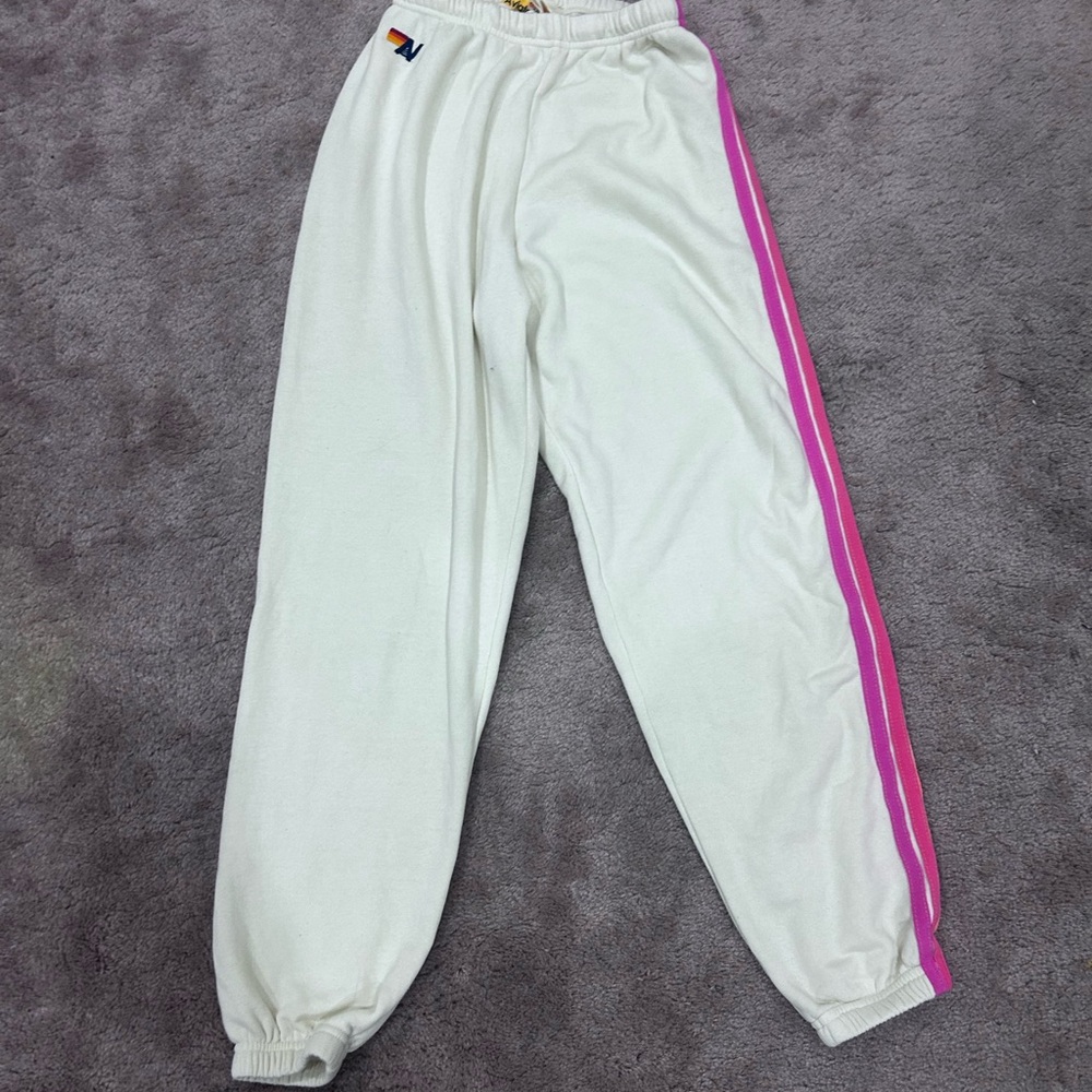 Aviator Nation Vintage White Set Neon 5 Stripe Rugby Sweatshirt and Sweatpants - Picture 11 of 11